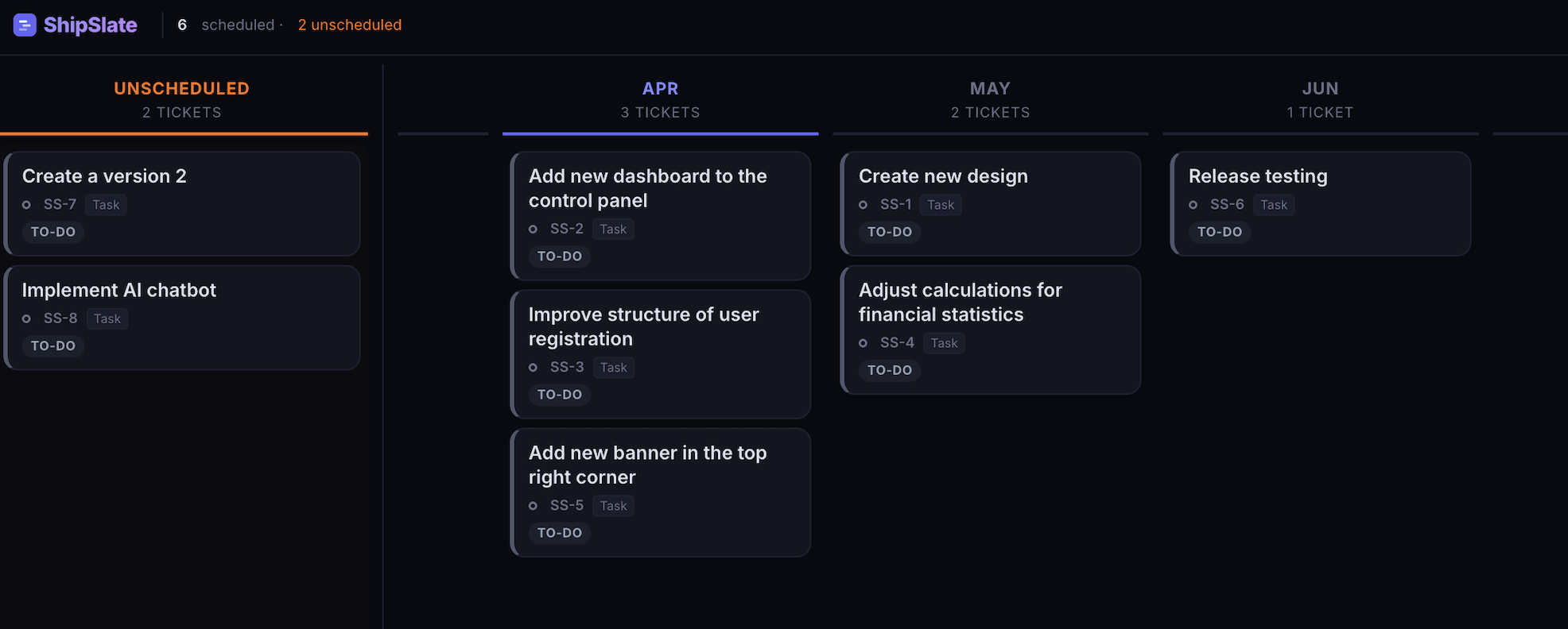 ShipSlate release planning board showing tickets organized by quarter with live progress tracking